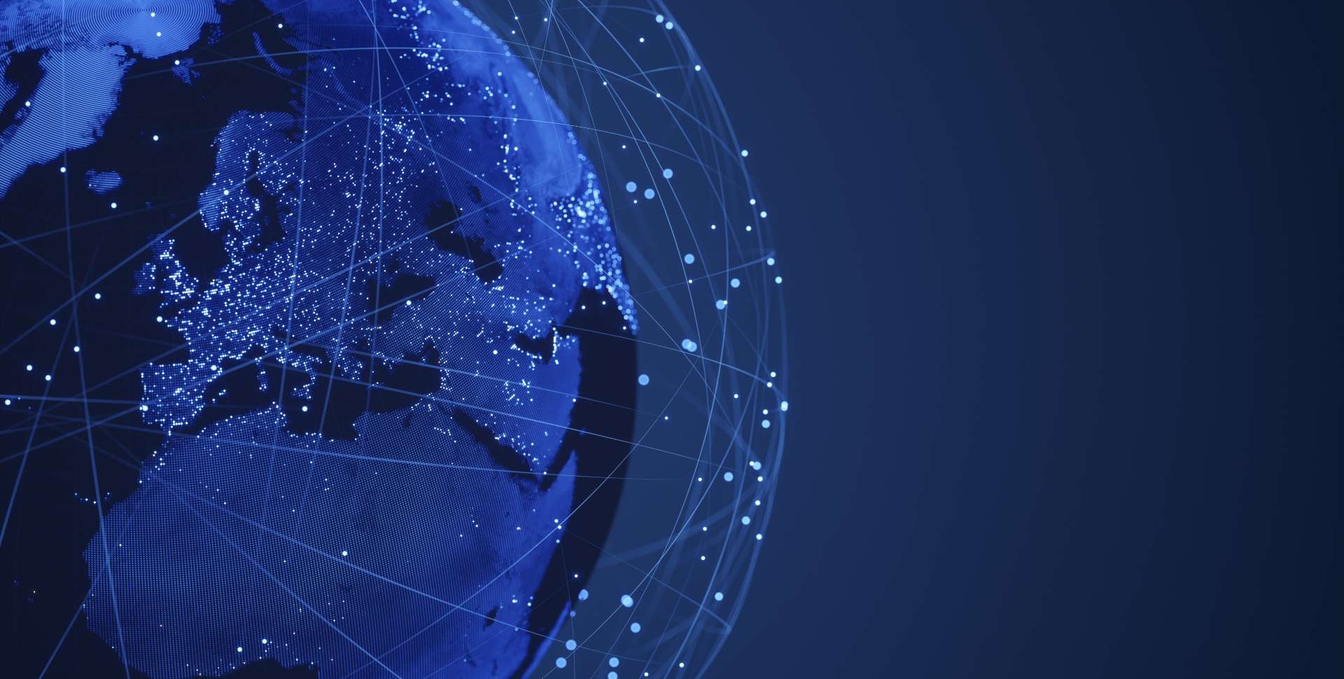 Blue image of earth surrounded by network.